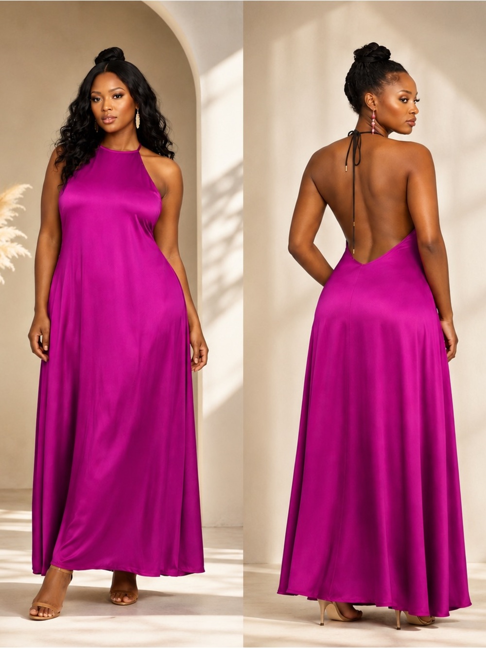 Magenta Satin Halter Maxi (Backless) – Size 2XL Boutique